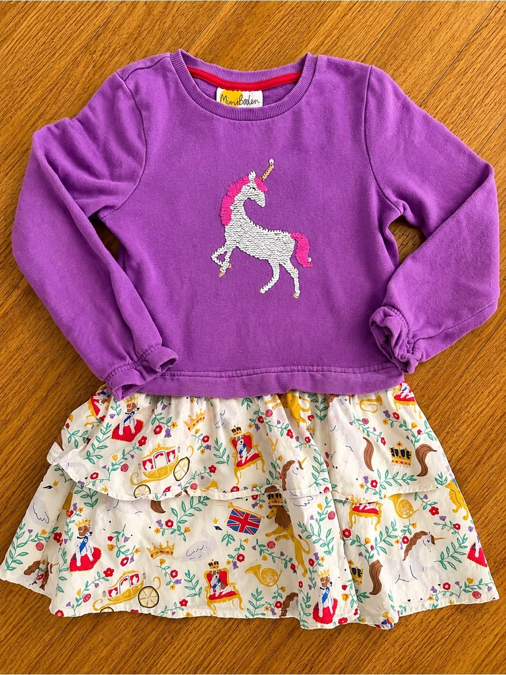 Mini Boden Girls Sequin Unicorn London Print Dress Size 6-7Y